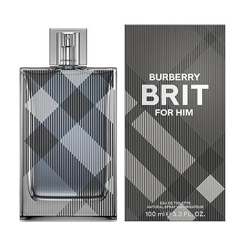 Close-up of Burberry Brit for Him fragrance bottle and packaging