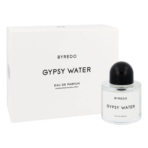 Minimalist display of Byredo Gypsy Water perfume bottle on white surface