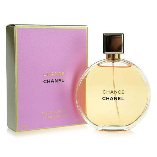 100ml Chance by Chanel, feminine EDP featuring jasmine, pink pepper, and patchouli in an elegant circular glass bottle with golden details.