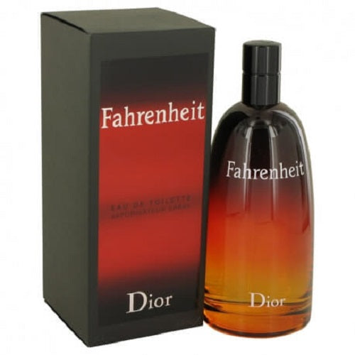 Christian Dior Fahrenheit, 100ml EDT, iconic masculine fragrance with leather, violet, and mandarin notes in a sleek gradient red-brown bottle with black cap.