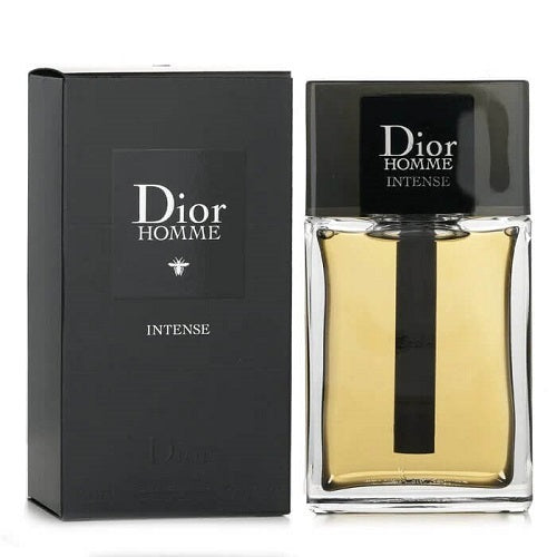 100ml Dior Homme Intense EDP, sophisticated masculine perfume blending iris, lavender, and vetiver in a modern transparent bottle with bold black accents.