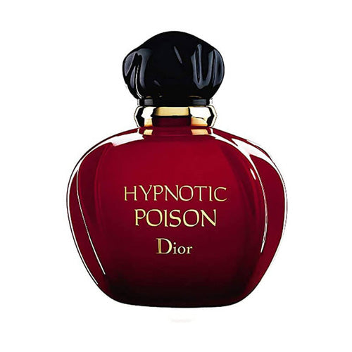 Christian Dior Hypnotic Poison, 100ml EDT, mysterious and enchanting women’s fragrance in a rounded deep red glass bottle with black cap.