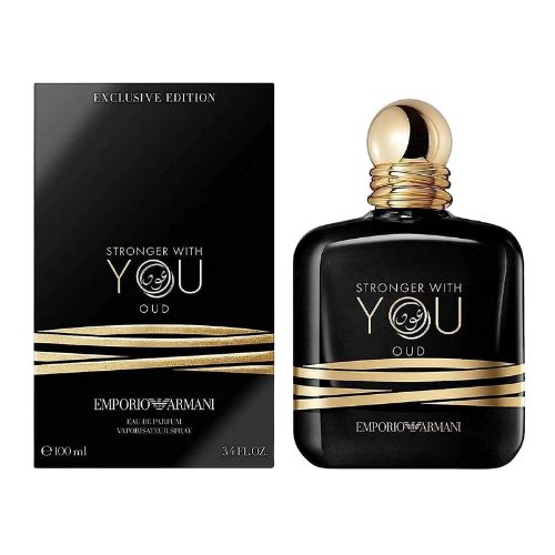 Emporio Armani Stronger With You Oud Eau de Parfum, 100ml masculine fragrance with notes of oud, cardamom, and vanilla in a sleek dark glass bottle with rose gold accents.