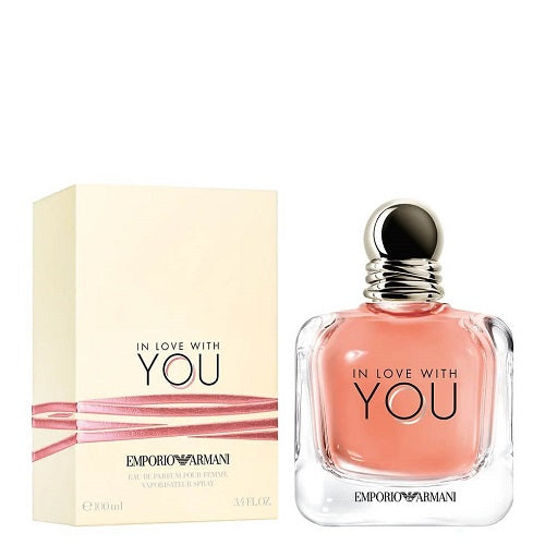 In Love With You Eau de Parfum by Emporio Armani, 100ml romantic and modern fragrance featuring juicy lychee, delicate rose, and sweet vanilla, housed in a transparent bottle with gold cap