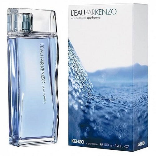 Kenzo L'Eau par Kenzo pour Homme Eau de Toilette 100ml, premium men’s perfume combining fresh citrus, herbal, and watery notes in a minimalist light-blue rectangular bottle with silver top.
