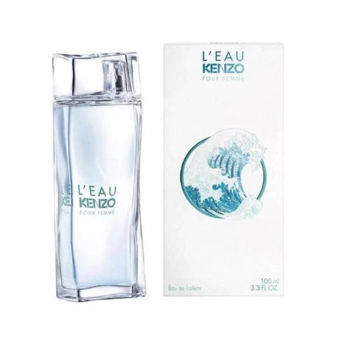 100ml Kenzo L'Eau par Kenzo pour Femme Eau de Toilette, crisp and airy women’s perfume blending lily, mandarin, and delicate aquatic floral notes in a minimalist clear light-blue bottle with silver detailing.