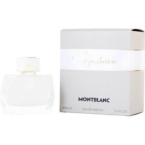 Montblanc Signature Eau de Parfum 90 ml: elegant clear glass bottle with rounded edges, golden liquid inside, and gold spray cap.