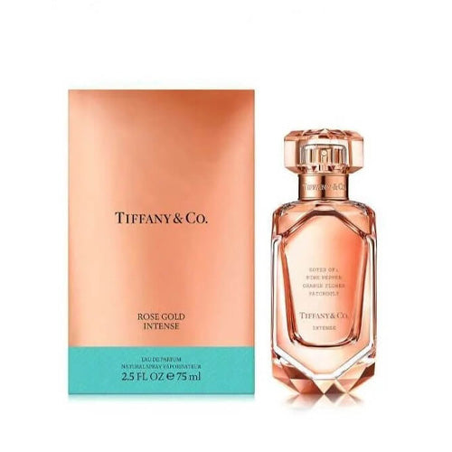Front view of Tiffany & Co. Rose Gold Intense 75 ml EDP, glass flacon with darker rose-colored fragrance, metallic stopper, and refined branding.