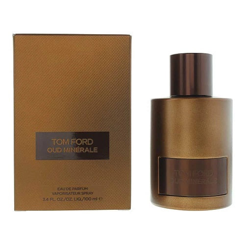 Tom Ford Oud Minérale Eau de Parfum 100 ml, a luxurious fragrance housed in a sleek smoky grey bottle with a silver metallic label and minimalist design.