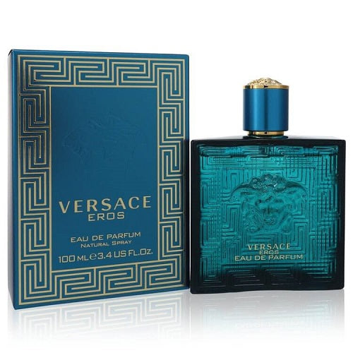 Luxury Versace Eros Eau de Parfum 100ml, housed in a turquoise glass flacon with golden accents and iconic Medusa emblem, blending elegance, masculinity, and contemporary allure.