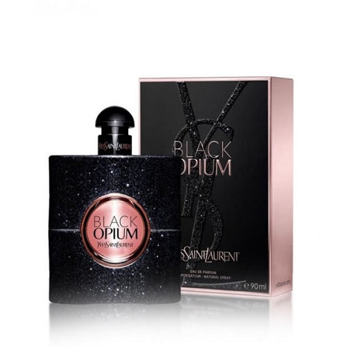 Elegant Yves Saint Laurent Black Opium Eau de Parfum 90ml, housed in a sleek black faceted flacon with sparkling glitter accents and minimalist silver spray top, reflecting confidence, sensuality, and contemporary luxury.