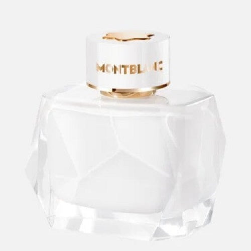 Montblanc Signature Eau de Parfum 90 ml: sleek clear bottle with amber-golden liquid and elegant gold atomizer.