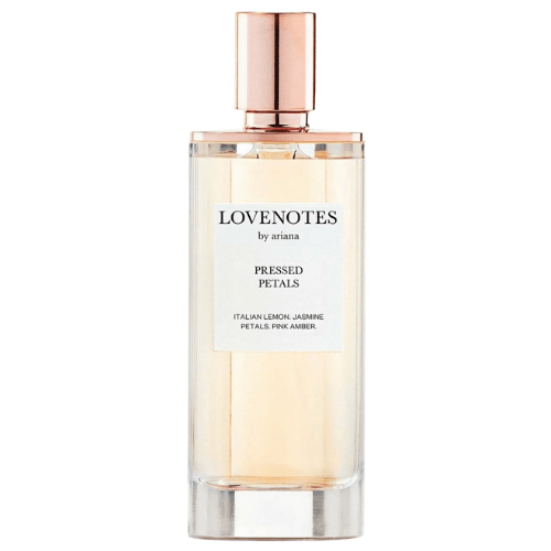 Close-up of Ariana Grande Lovenotes Pressed Petals Eau de Parfum showcasing stylish branding and pastel tones, a fresh floral fragrance with soft musky undertones.