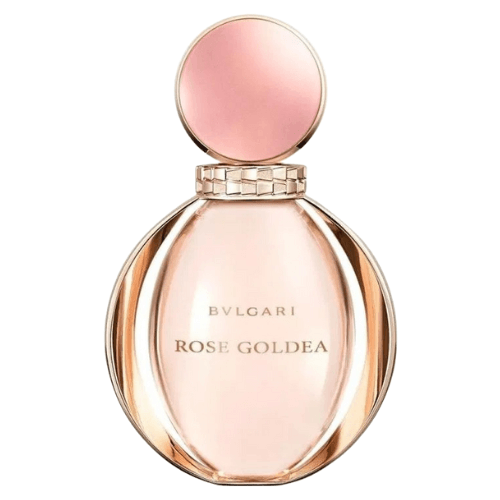 High-quality photo of the Bvlgari Rose Goldea fragrance bottle, designed in pink and gold to represent its luxurious floral and musky scent profile.