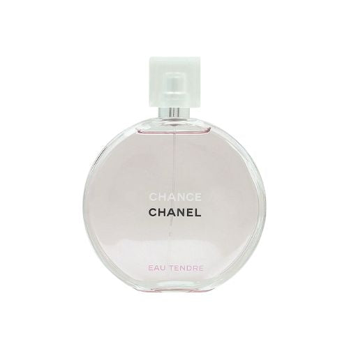Chanel Chance Eau Tendre, 100ml Eau de Toilette, delicate feminine scent with fresh fruity floral accords in a stylish round transparent glass bottle.