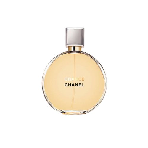 Chance 100ml Eau de Parfum by Chanel, luxurious feminine fragrance with citrus, floral, and spicy undertones in a round transparent glass bottle.