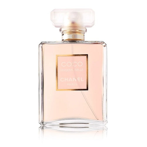 Chanel Coco Mademoiselle Eau de Parfum, 100ml feminine scent with fresh, floral, and woody notes in a sleek rectangular transparent glass bottle.