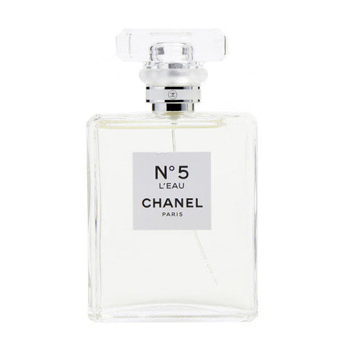 Chanel N°5 L’Eau, 100ml Eau de Toilette, fresh and radiant women’s fragrance featuring citrus, rose, and white musk in a sleek transparent glass bottle.