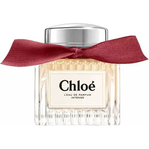 Chloé L’Eau de Parfum Intense, 100ml women’s perfume with rich floral and amber notes in a clear rectangular glass bottle with silver detailing and tied ribbon.