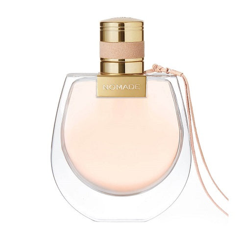 Chloé Nomade Eau de Parfum, 75ml women’s fragrance with fresh and warm notes of oakwood, mirabelle, and freesia in a clear rectangular glass bottle with gold cap.