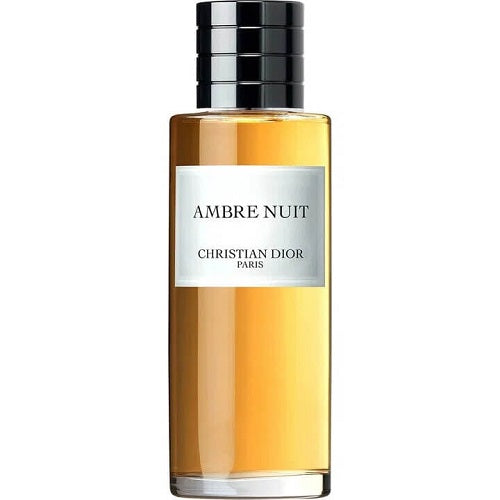 125ml Ambre Nuit by Dior, feminine EDP featuring amber, rose, and bergamot in an elegant dark glass bottle with minimalist design.