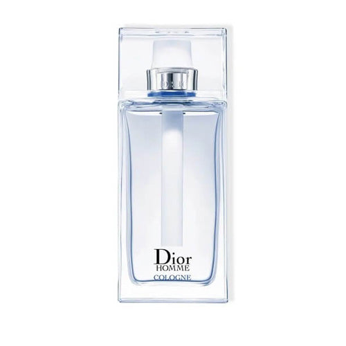 Christian Dior Homme Cologne, 125ml elegant men’s fragrance with crisp citrus accords and musky undertones in a clear cylindrical bottle with white label.