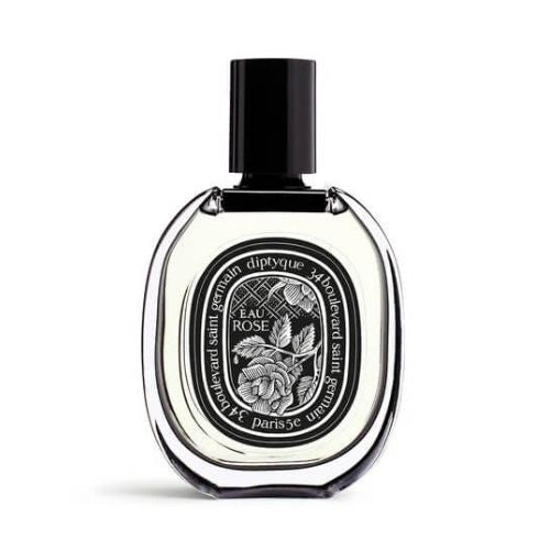 Diptyque Eau Rose EDP, 75ml elegant Parisian fragrance combining lush roses, fruity lychee, and woody base notes, presented in a timeless oval-shaped bottle.
