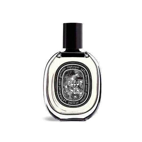 Diptyque Fleur de Peau Eau de Parfum, 75ml elegant unisex scent blending musky ambrette, iris, and floral notes, housed in a minimalist oval-shaped glass bottle.