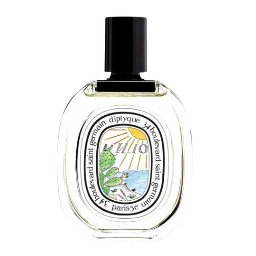 Ilio Eau de Toilette by Diptyque, 100ml tropical-inspired fragrance with creamy coconut, citrus, and woody notes, presented in a sleek oval bottle.
