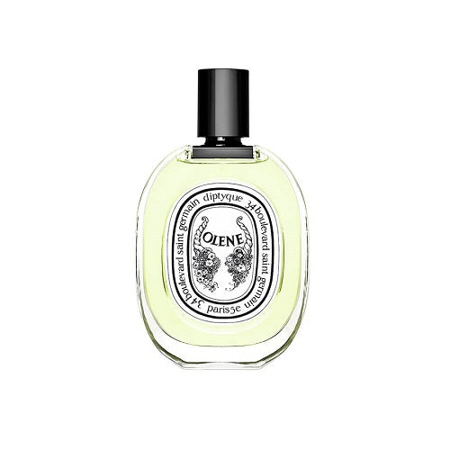 100ml Diptyque Olène Eau de Toilette, sophisticated fragrance with iris, amber, and delicate white florals, encased in a sleek oval bottle with black cap.