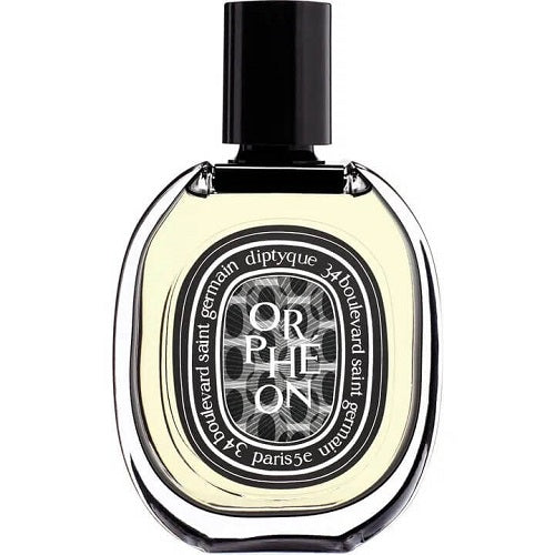 Eau de Parfum Orphéon by Diptyque, 75ml luxury unisex fragrance with powdery, woody, and floral accords in a transparent oval glass bottle.