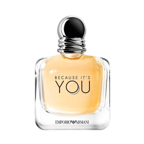 100ml Emporio Armani Because It's You Eau de Parfum, sophisticated feminine fragrance with raspberry, neroli, and vanilla undertones in a modern rectangular glass bottle.