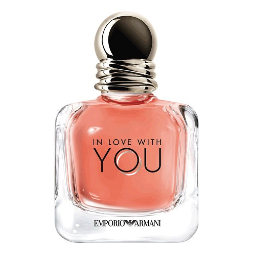 100ml Emporio Armani In Love With You Eau de Parfum, sophisticated feminine fragrance with lychee, rose, and vanilla undertones in a modern rectangular glass bottle.