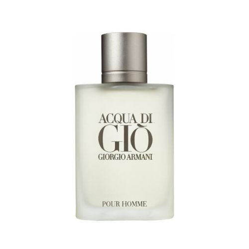 Giorgio Armani Acqua di Gio, 100ml Eau de Toilette for men combining bergamot, jasmine, and marine notes in a minimalist transparent bottle.