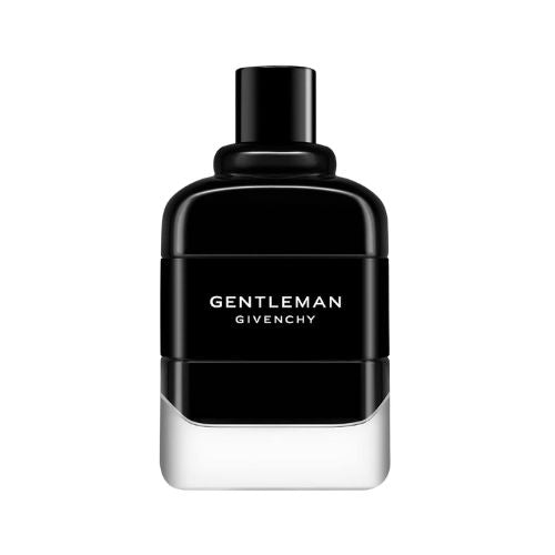 Givenchy Gentleman, 100ml Eau de Parfum for men combining iris, leather, and patchouli notes in a minimalist dark rectangular glass bottle.