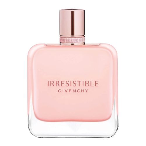 Givenchy Irrésistible Rose Velvet, 80ml Eau de Parfum for women combining rose, violet, and musk notes in a minimalist transparent glass bottle with soft pink accents.