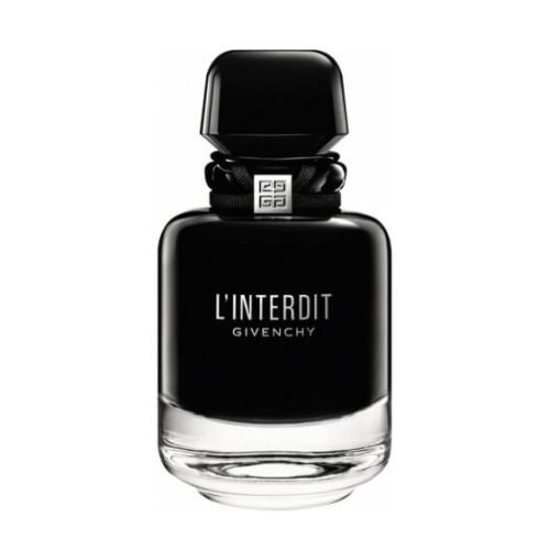 L'Interdit Eau de Parfum Intense by Givenchy, 80ml elegant feminine scent with concentrated tuberose, orange blossom, and patchouli in a minimalist dark-clear bottle with black cap.