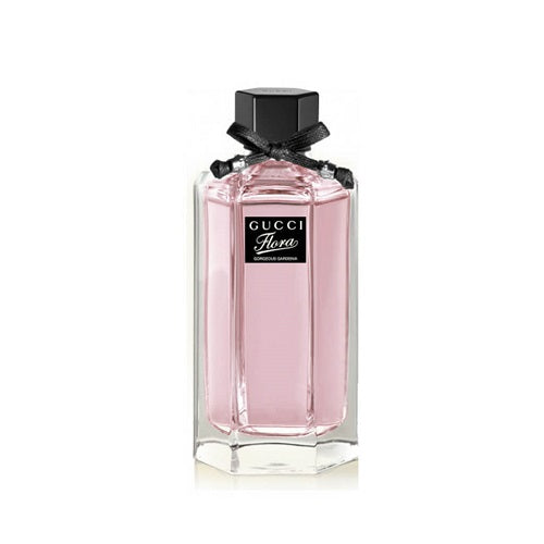 100ml Gucci Flora Gorgeous Gardenia EDT, soft feminine fragrance combining gardenia, pear, and red berries in a minimalist clear glass bottle with pink decorative cap.