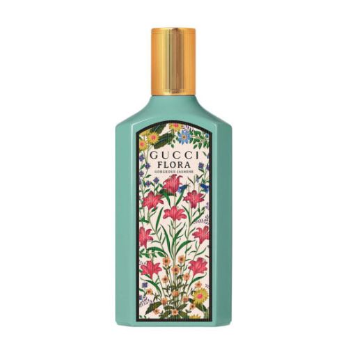 Gucci Flora Gorgeous Jasmine Eau de Parfum 100ml, sophisticated floral scent presented in a turquoise rectangular bottle with gold cap and floral-print box.