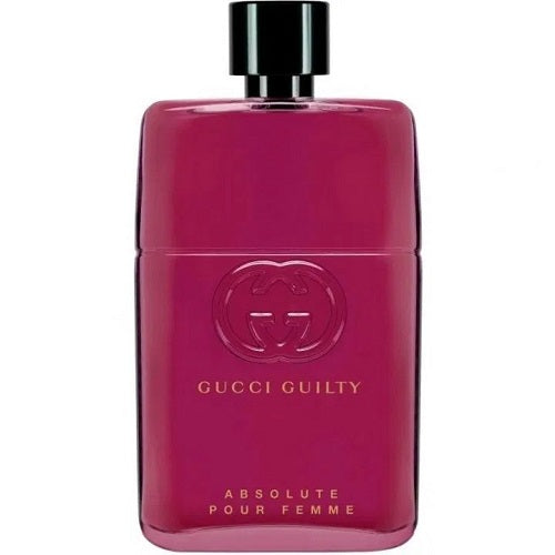 Gucci Guilty Absolute Pour Femme 90ml EDP, sophisticated and alluring women’s fragrance in a dark ruby-red glass bottle with black cap, perfect for evening wear.