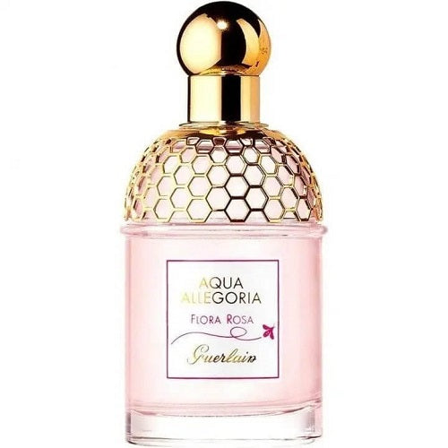 Guerlain Aqua Allegoria Flora Rosa Eau de Toilette 100ml, delicate floral fragrance for women presented in a clear cylindrical glass bottle with green decorative detailing.