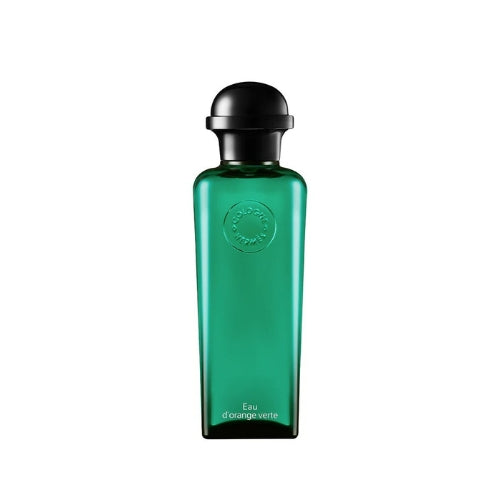 100ml Hermès Eau d'Orange Verte EDC, crisp and lively citrus fragrance for men and women in a transparent cylindrical bottle with silver detailing.
