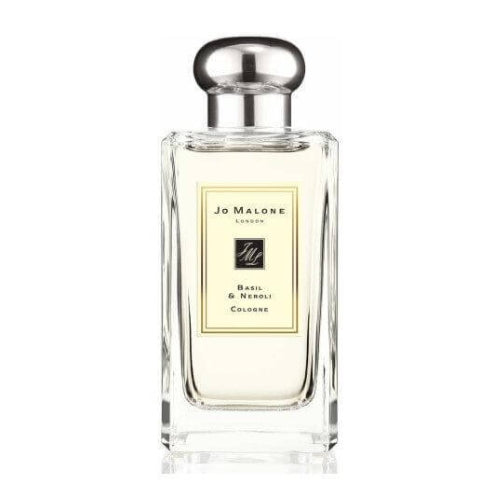 100ml Jo Malone London Basil & Neroli Cologne, crisp and elegant unisex scent in a transparent rectangular bottle with silver top, featuring basil and neroli notes.