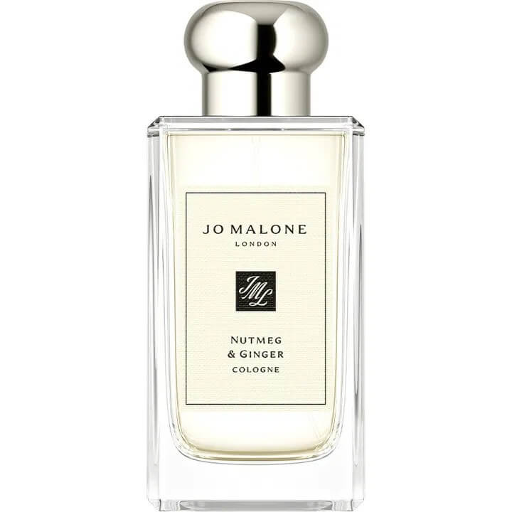 Jo Malone London Nutmeg & Ginger Cologne 100ml, luxury unisex perfume combining aromatic nutmeg, fresh ginger, and soft woody undertones in a minimalist clear glass bottle.