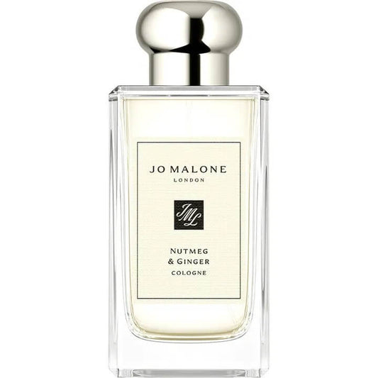 Jo Malone London Nutmeg & Ginger Cologne 100ml, luxury unisex perfume combining aromatic nutmeg, fresh ginger, and soft woody undertones in a minimalist clear glass bottle.