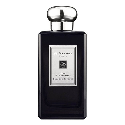 Jo Malone English Oud & Bergamot 100ml Cologne Intense, elegant unisex fragrance with rich oud and fresh citrus notes housed in a minimalist glass bottle with silver cap.