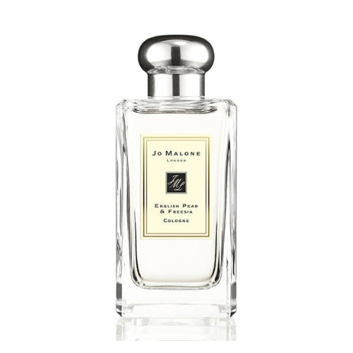 Jo Malone London English Pear & Freesia 100ml Cologne, sophisticated fragrance for men and women with fruity and floral accords housed in a sleek clear bottle with silver cap.