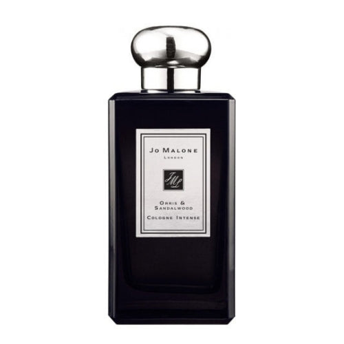 100ml Jo Malone London Orris & Sandalwood Cologne Intense, modern unisex scent in a transparent rectangular bottle with black top, blending powdery orris and warm sandalwood notes.