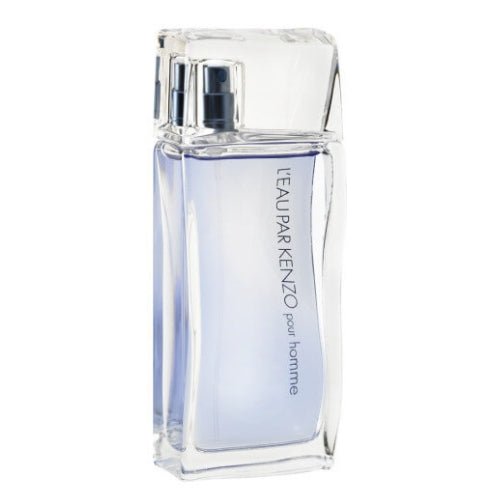 100ml Kenzo L'Eau par Kenzo pour Homme Eau de Toilette, modern and refreshing men’s scent in a transparent light-blue bottle with silver lid, highlighting yuzu, rosemary, and aquatic accords.