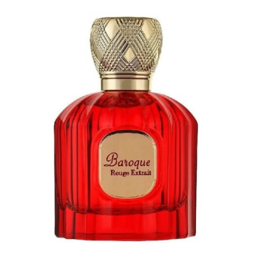 Maison Alhambra Baroque Rouge Extrait Eau de Parfum 100ml, a radiant fragrance with deep amber, floral, and woody notes in a sleek, luxurious bottle.